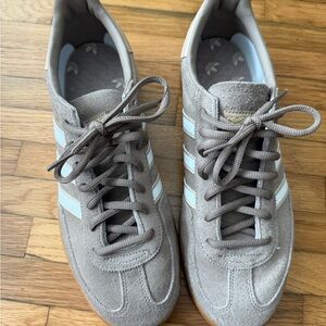 Adidas Taupe Suede Sneakers with White Stripes
